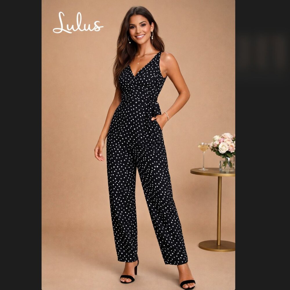 Lulus Black Polka Dot Jumpsuit XL Wrap Sleeveless Tie Pockets Tapered Leg NWT